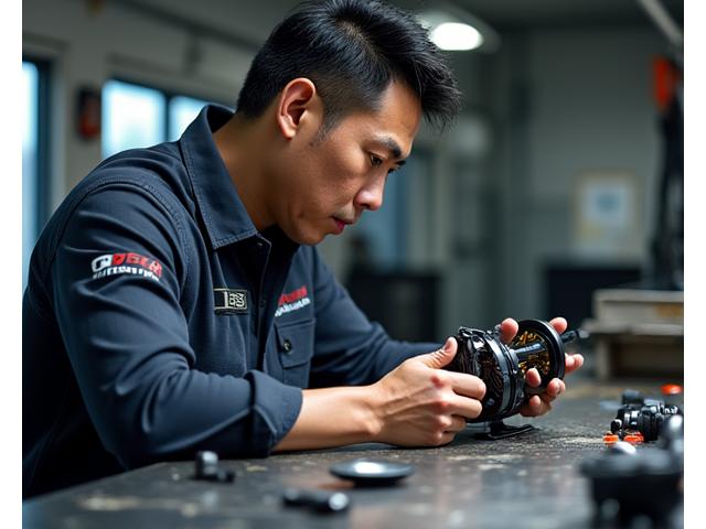 David Nguyen, a fishing gear repair technician, expertly examining a fishing reel, with various tools laid out on his workbench in a service bay.
