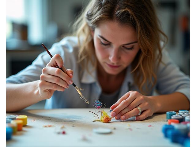 Sarah Jenkins, a skilled artisanal lure crafter, meticulously painting intricate details onto a fishing lure in a bright studio, surrounded by various lure molds and vibrant paints.