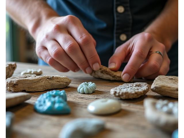 A craftsman's hands carefully selecting pieces of natural driftwood and recycled ocean plastic, showcasing the high-quality, sustainable materials used in lure creation.