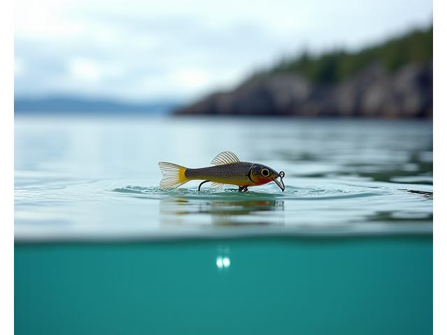 A finely crafted fishing lure being tested in a clear, shallow tank of water, showing its perfect balance and swimming action, with Halifax harbour visible in the background.