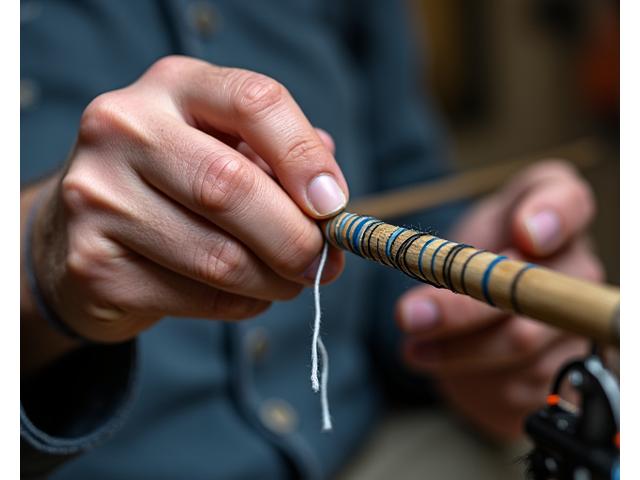 Close-up of a hand holding a fishing rod, with a blurred backdrop of fishing tools and musical instruments