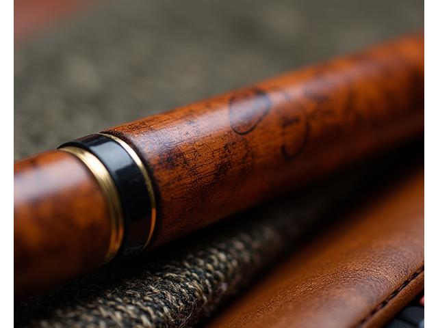 Close-up of an exotic wood handle with intricate grain for a fishing rod