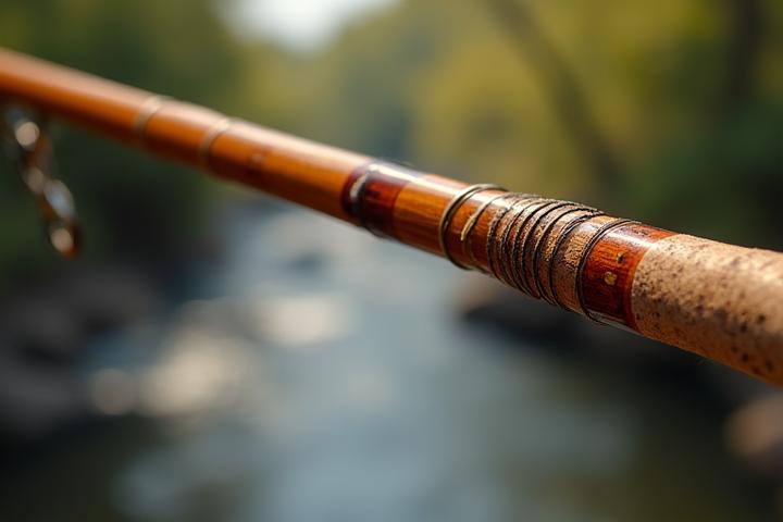 Ornate custom fly fishing rod with musical note inlays and exquisite thread wraps
