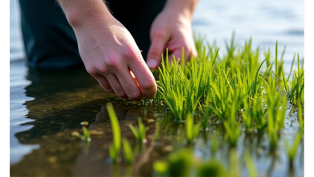 Scientist planting eelgrass beds for marine habitat restoration