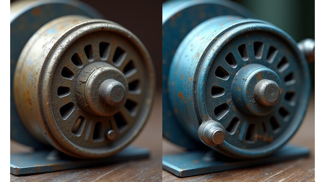 A meticulously repaired vintage fishing reel, showing before-and-after sections highlighting its restored pristine condition. High-resolution detail reveals polished brass and perfectly aligned gears.