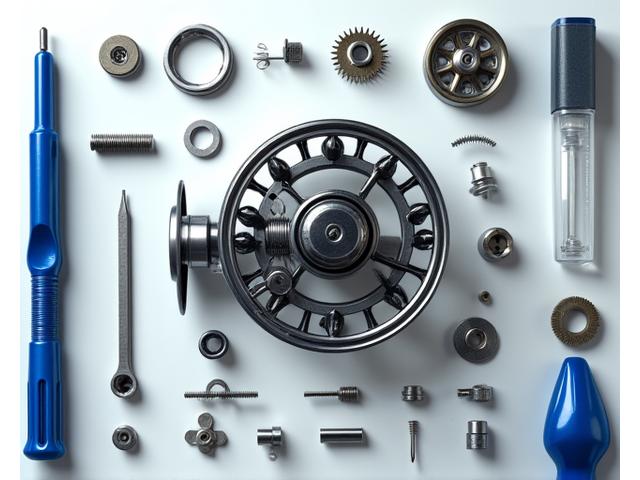 Disassembled fishing reel gears and components laid out for cleaning and lubrication on a workbench, with specialized tools nearby.