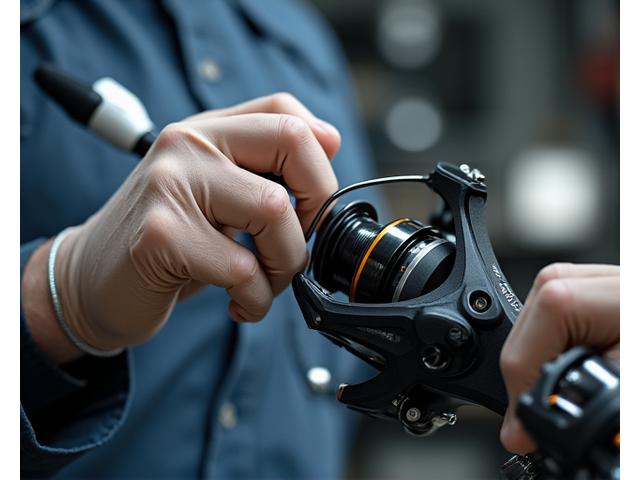 A technician installing a new, high-performance handle on a fishing reel, showcasing an equipment upgrade.