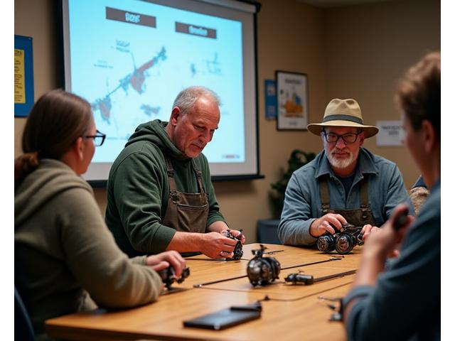 A small group of enthusiastic anglers attending a hands-on fishing equipment maintenance workshop, led by an instructor pointing to a reel.