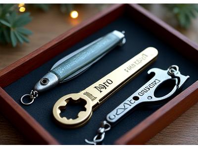 Luxury gift set for an angler-musician, featuring a custom lure, engraved multi-tool, and a branded capo-style line cutter