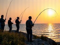 Group of anglers practicing coastal casting techniques on the Nova Scotia shore