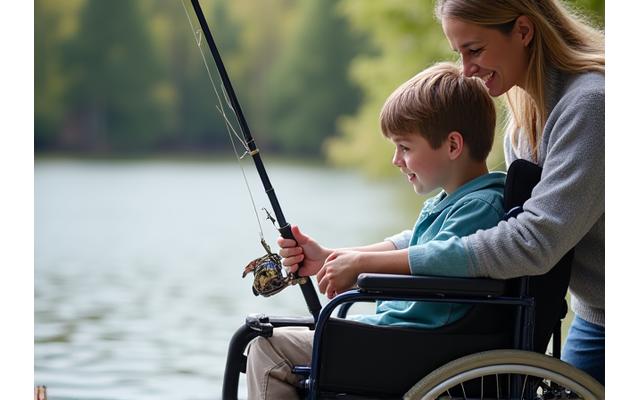 An adaptive fishing setup being used by a child with a disability, enjoying the fishing experience with assistance, highlighting inclusivity.
