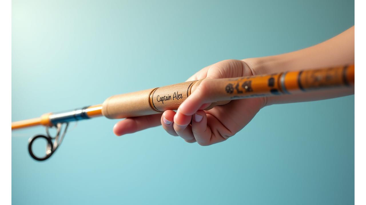 A brightly colored, custom-made fishing rod sized for a child, held by a small hand, with a personalized engraving visible on the handle.