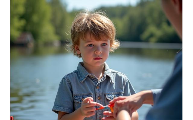 An elementary school-aged child intently holding a small fishing rod, with a patient instructor guiding them by a calm lake.