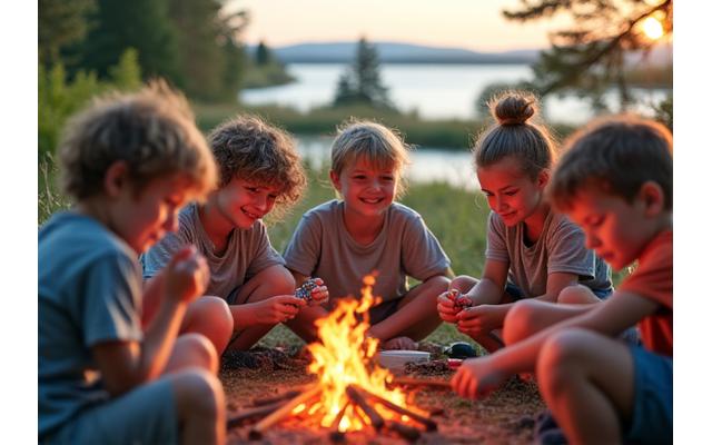 A diverse group of kids happily engaged in an outdoor summer camp activity, possibly near water, with tents or camp structures visible in the distance.