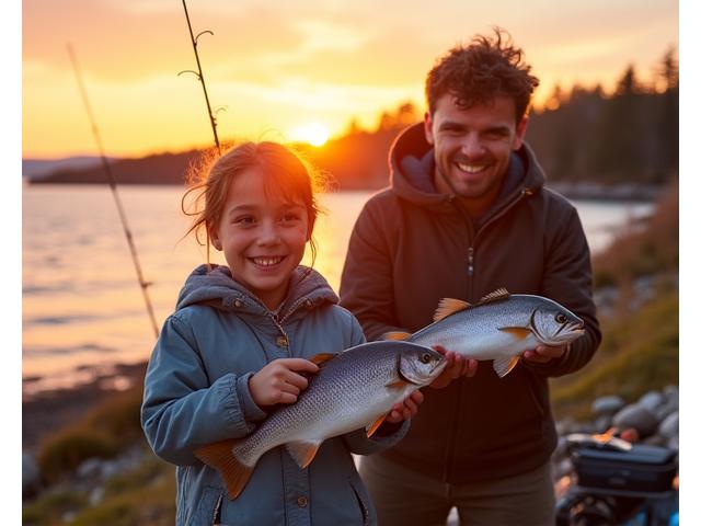 A family smiling and proudly holding fish caught near a Nova Scotia coastline, with beginner-friendly fishing rods and educational materials visible.