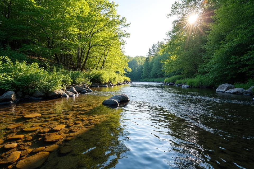 A clean and clear freshwater stream in Nova Scotia, reflecting the sky, symbolizing environmental protection.