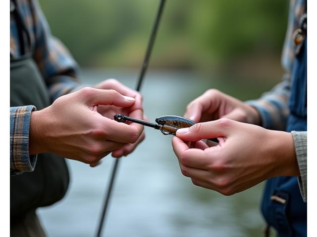 A close-up of a fishing guide and angler discussing gear and techniques by a riverbank.