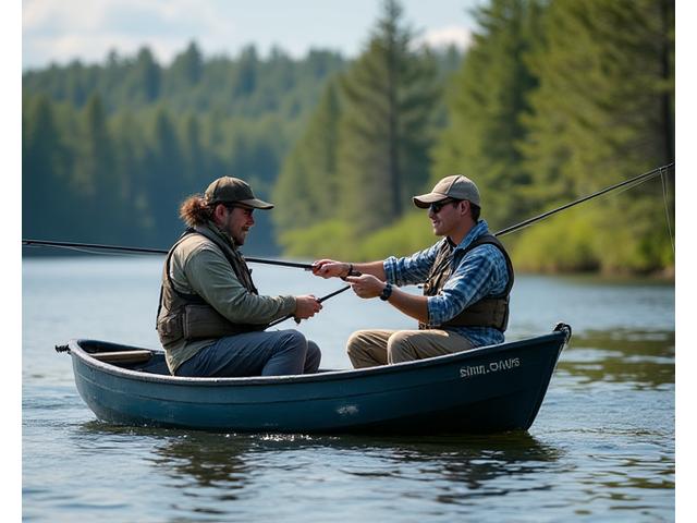 A fishing guide teaching an angler on a tranquil Nova Scotia lake, surrounded by nature.