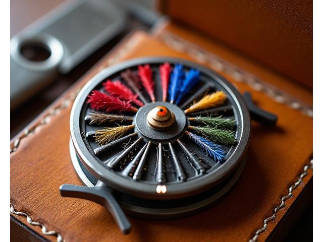 Artisanal fly fishing reel and colorful flies on a wooden surface, ready for trout fishing.