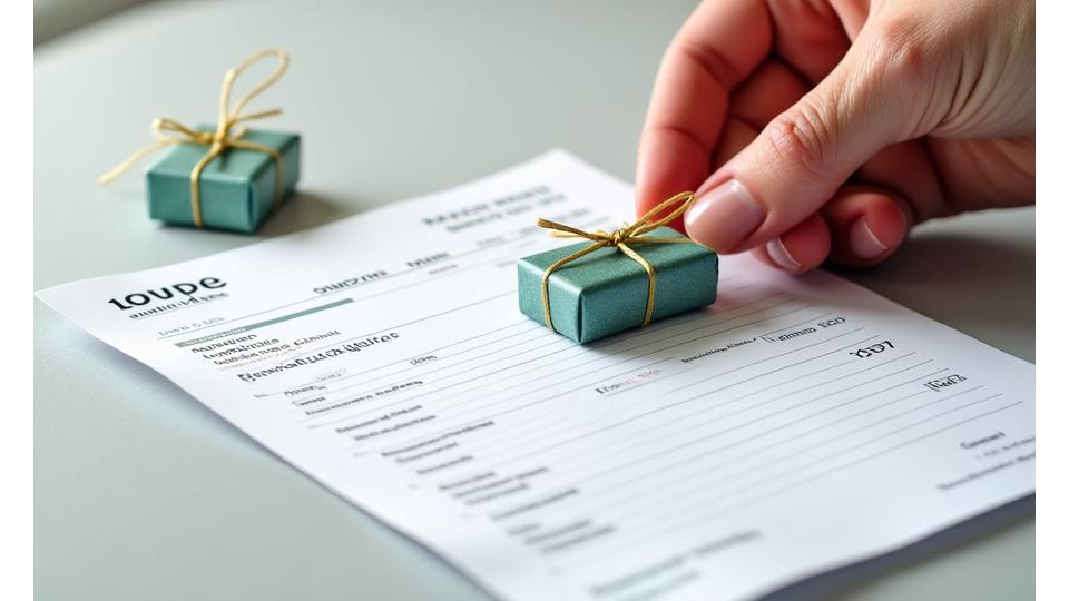 An elegant hand presenting an invoice alongside a beautifully wrapped fishing lure package, symbolizing transparent transactions and secure delivery.